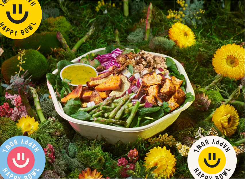 Pictures of salad bowls on top of flowers and leaves.